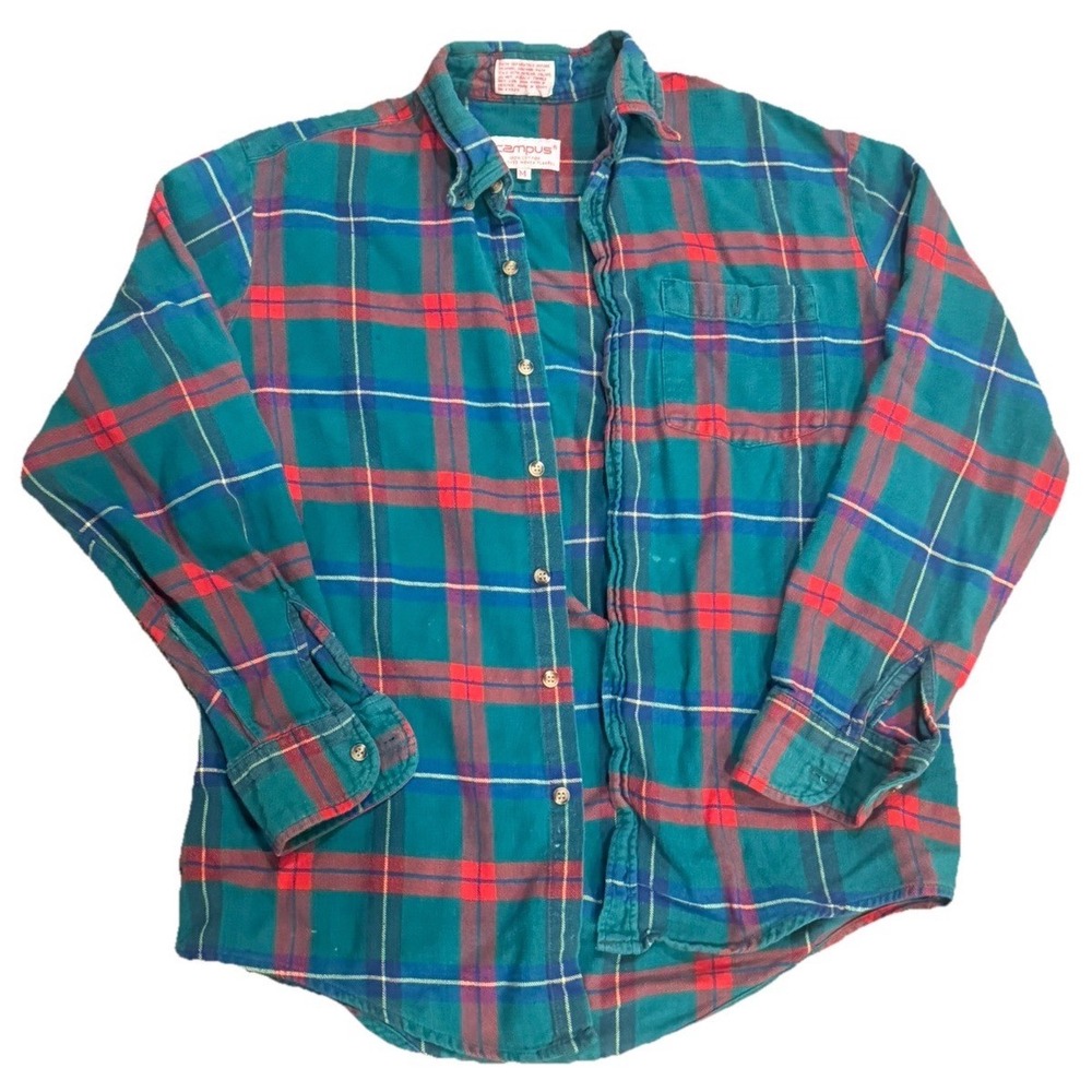 Campus Mens Green Red Plaid Flannel Shirt Long Sleeve Cotton Button Down Size M